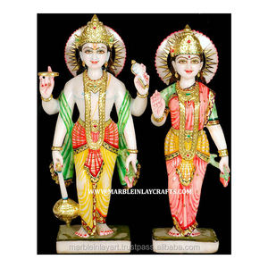 Makrana หินอ่อนมันวาวเทพธิดาลักษมี Narayan Ji Moorti ยืนพรและตำแหน่งที่มีสีสันรูปปั้นบูชาฮินดู - Product Image 1