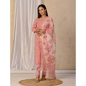 Peach Butta <b>Block</b> <b>Printed</b> Cotton Kurta Pant Set Indian Pakistani Style Ethnic Net Fabric for Party Wear Special Occasions - Product Image 5