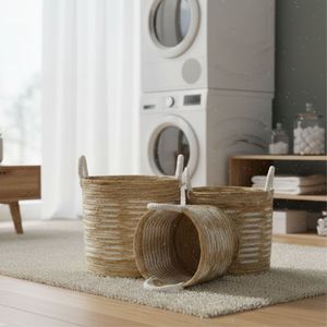 Juego de 3 Cestas Blancas con Motivo de Árbol de Plátano, Hechas a Mano con Fibra de Corteza - Product Image 4