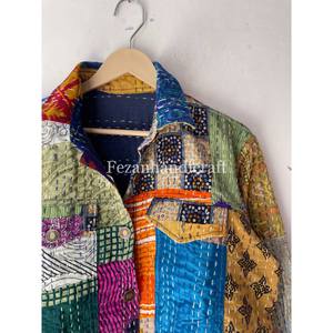 เสื้อแจ็กเก็ต Kantha โบโฮปาร์ตี้สำหรับผู้หญิงผ้าคอตตอนเย็บปะติดปะต่อกันหลากหลายฤดูใบไม้ร่วงฤดูใบไม้ผลิฤดูหนาวเข็มขัด - Product Image 1
