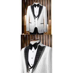 Traje de esmoquin blanco para hombre, 80% lana, corte ajustado, elegante, para bodas, con cierre de botón en el pantalón, detalles de pedrería, para eventos formales y fiestas. - Product Image 3