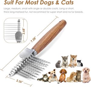 Peigne pour chien en acier inoxydable avec manche en bois, brosse démêlante et râteau pour sous-poil pour chiens et chats à poils longs et épais, style simple - Product Image 6