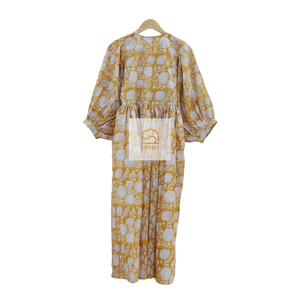 Jaune main bloc imprimé fleuri cheville longueur robe 100% pur coton décontracté été femmes longue Midi robe florale - Product Image 4