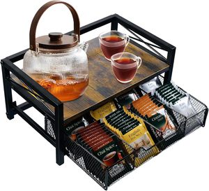 Metal Rustic Double Tier 8-Compartment Multi-Functional Tea Set <b>Storage</b> <b>Box</b> & Holder Organizer for Kitchen Countertop - Product Image 1
