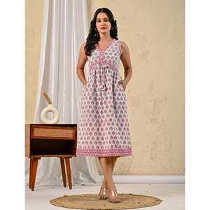 Vestido de Algodón Mulmul con Estampado Butti Blanco y Rosa, Elegante, Cintura Imperio, Transpirable, Casual, Talla Única XS, para Club, Días Festivos - Product Image 3