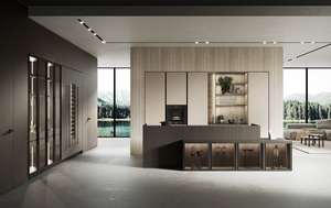 Juego de Muebles de Cocina de Estilo Italiano Moderno y Lujoso, Diseño Minimalista con Puertas de Vidrio y Chapa de Madera Oscura, Diseños Modulares de Isla de Cocina para Villa - Product Image 2