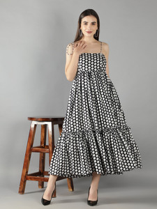 Jet nero e bianco a pois cravatta a spalla su <span class=keywords><strong>abito</strong></span> svasato In cotone alla moda vestito occidentale vestito intero per le donne - Product Image 3