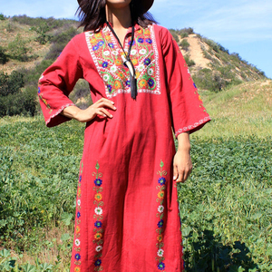 Hand Embroidery Cross Stitch Handmade 100% Cotton <b>A</b>-<b>Line</b> Floral <b>Pattern</b> Tea-Length <b>Dress</b> with V-Neck and Tie Detail - Product Image 1