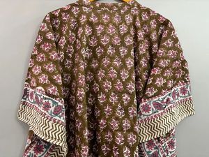 Jaipuri-Robe caftan en coton imprimé fait à la main, longueur au sol, vêtements de nuit de plage, robes décontractées, imprimé de blocs de fleurs naturelles - Product Image 4