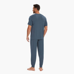 Pyjama d'été de luxe personnalisé pour homme – Ensemble décontracté en coton uni à col rond et pantalon long – Vente en gros OEM ODM – Grandes tailles – Confort optimal - Product Image 3