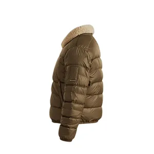 Brown Puffer <b>Jacket</b> with <b>Shearling</b> Collar Bomber Fit - Product Image 2