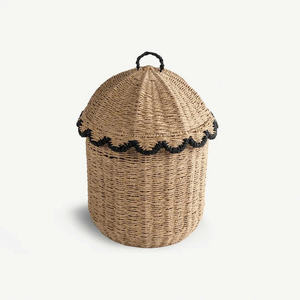 Elegant Lidded Paper Seagrass <b>Storage</b> <b>Basket</b> <b>with</b> <b>Black</b> Scalloped Trim, Handwoven Organizer <b>with</b> Decorative Contrast Lid - Product Image 1