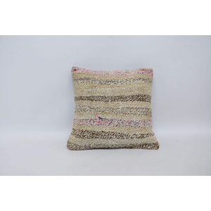 Premium Beige Kantha Patchwork Wool Pillow 16x16 Inch Luxury Bedding with Woven Fluffy Portable Square and <b>Ring</b> Patterns - Product Image 1