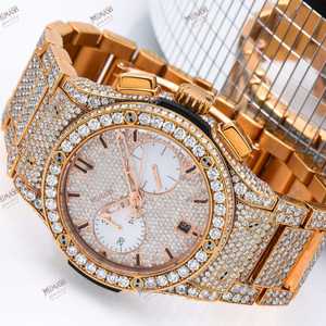 Reloj de cuarzo con cronógrafo de diamantes de moissanita con acento dorado de calidad superior, reloj de edición limitada con dos esferas secundarias únicas completamente heladas