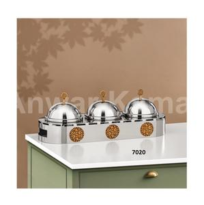 Juego de 3 piezas de cuenco de chocolate redondeado de acero inoxidable plateado y dorado con tapa para mesa de comedor y decoración de mesa - Product Image 1