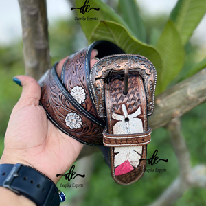 เข็มขัดหนังสำหรับทุกเพศเข็มขัดหนังลายดอกไม้สำหรับแกะสลักแบบเครื่องมือมือสไตล์ตะวันตกสินค้าออกใหม่ - Product Image 1