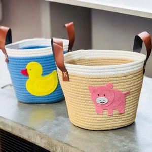 Panier rond polyvalent en coton de la meilleure qualité avec poignée en PU panier tricoté à la main panier de stockage de fruits écologique fabriqué en Inde - Product Image 2