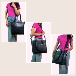 Sac fourre-tout noir durable en cuir véritable pour femmes avec fermeture à glissière Style vintage pour un usage quotidien et professionnel - Product Image 5