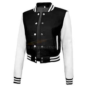 Chaqueta universitaria recortada de primera calidad para mujer, chaqueta con letras de béisbol de lana y cuero, Impresión de logotipo personalizado, precio al por mayor - Product Image 3