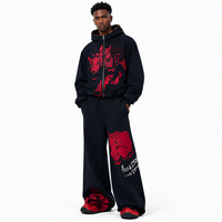 VENLEAG Setelan Training Pria Rajut Termal Musim Gugur Bahan Polyester/Katun Warna Hitam Model Longgar dengan Ritsleting dan Cetakan Grafis Streetwear Kasual