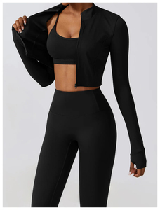 Premium Nylon Spandex 3-Piece <b>Workout</b> Set for Women Fitness Bra High Waist Trousers Zip-Up <b>Jacket</b> Four-Way Stretch Breathable - Product Image 3