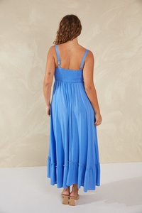 Venta caliente cómodo suelto azul Maxi vestido playa viaje traje para mujeres vacaciones Casual algodón cuello cuadrado fumar Maxi vestido - Product Image 2