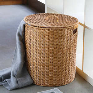 Poubelles rondes en rotin tissé à la main, couvercles, paniers en osier, panier à linge, autres rangements et organisation de vêtements pour la maison - Product Image 3