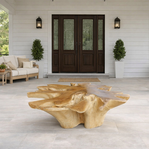 Mesa de Centro Moderna de Raíz de Teca Natural con Tapa de Cristal Transparente, Mueble de Madera Maciza Hecho a Mano, Muebles de Diseño para Espacios de Vida de Lujo - Product Image 4