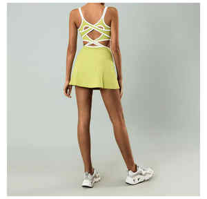 Vestido de entrenamiento verde para adultos Vestido de golf y tenis sin espalda con pantalones cortos incorporados Nuevo contraste Recorte Cintura Acentuación - Product Image 2