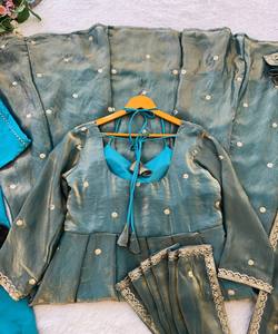 DESIGNER FENDY SATIN RAMBO SEQUENCE EMBROIDERY WORK GOWN BOTTOM DUPATTA WEDDING WEAR WHOLESALE PRICE ETHNIC GARMENT SKY COTTON - Product Image 3