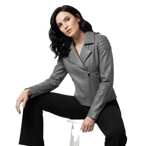 Veste de moto en cuir gris avec fermeture éclair noire personnalisée, vente en gros en vrac, prix d'usine, style motard authentique, veste tendance pour femmes - Product Image 1