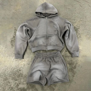 Venta al por mayor Vintage Sun Faded Hoodie and Short Sets Chándal Raw Hem Jogger Sweat suit Acid Wash Hoodies and Shorts Set Hombres - Product Image 2