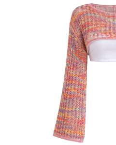 Manufacturer Custom Multicolor Crochet Knit Crop Sweater Women Open Weave <b>Long</b> Flare Sleeve Lightweight Fashion Spring Summer - Product Image 3