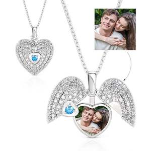 Jeulia Personalized <b>Heart</b> Photo <b>Locket</b> Necklace in Sterling Silver with Zircon Birthstone - Product Image 1