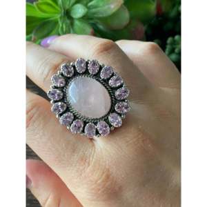 Southwest Handmade Rose Quartz & Tourmaline Sterling <b>Silver</b> Oval Cluster <b>Ring</b> <b>Adjustable</b> Size 8 - Product Image 2
