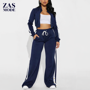 Ensemble deux pièces décontracté pour femme, col en V court, tricot long, veste cardigan à double fermeture éclair, coupe droite, pantalon à jambe droite, 100% - Product Image 1