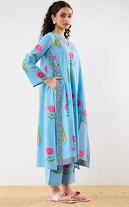 Ensemble de broderie deux pièces Style Kurta haut à col en V et pantalon droit 100% coton Western printemps et automne femmes ample respirant - Product Image 4