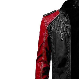 Blouson moto homme en cuir PU rouge et noir à blocs de couleur, col montant, fermeture éclair, coupe ajustée, manches classiques, style automne - Product Image 5
