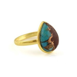 Anillo fino de plata chapada en oro de 18 quilates con forma de pera delicada, 12x16mm, Lava Natural, turquesa, cobre, bisel de piedras preciosas, joyería - Product Image 1