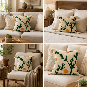Coussin décoratif brodé à la main en coton avec motif floral, insert inclus, motif marguerite blanche avec pompons pour salon - Product Image 2