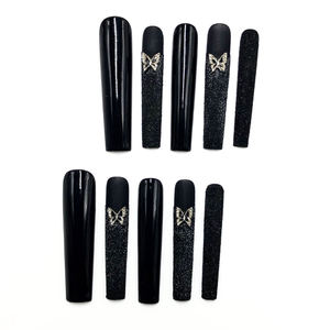 Set di chiodi da bara lunghi in stile francese di lusso nero Chic Aura riutilizzabile con stampa unghie finte con colla per l'applicazione delle dita - Product Image 1
