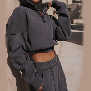 Streetwear personnalisé de vente en gros, survêtement à impression bouffante en 3d, ensemble sweat-shirt court à fermeture éclair et quart de poids lourd pour femmes - Product Image 4