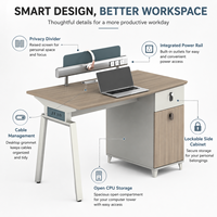 Bureau de bureau moderne avec écran de confidentialité, multiprise intégrée et tiroir à serrure à combinaison, finition grain de bois