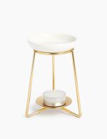 Brûleur à huile minimaliste en marbre blanc avec accent en cuivre, diffuseur de parfum d'intérieur de luxe pour l'aromathérapie et la décoration