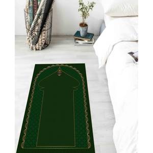 Tapis de prière islamique vert et or : Décoration de maison musulmane, tapis doux à poils longs - Product Image 2