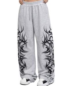 Pantalons de survêtement à jambes larges à imprimé tribal gris personnalisé pour femmes, streetwear surdimensionné, coupe ample, pantalon de jogging en molleton, fabricant OEM personnalisé - Product Image 1