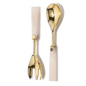 Cuillère en laiton poignée en marbre design de forme carrée attrayant look royal cuillère à salade en laiton brillant - Product Image 1