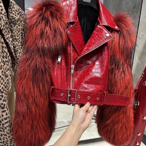 YOLOAgain – veste en cuir véritable à manches en fourrure de renard pour femme, motif croco, veste courte en cuir véritable pour femme - Product Image 3