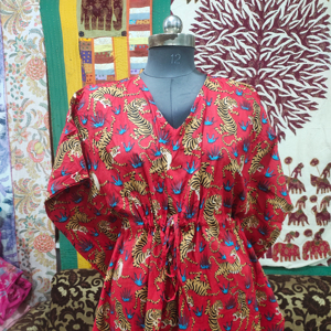 100% Cotton Indian Block Tiger Printed Long <b>Kaftan</b> Dress <b>for</b> Women Casual Summer Ethnic <b>Beach</b> Outfit Plus Size Natural - Product Image 1