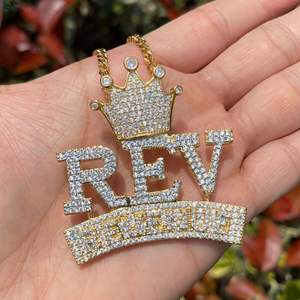 Custom Iced Out Crown Pendant REV REVENUE <b>Letter</b> <b>Necklace</b> Hip Hop Bling Moissanite 925 Silver 14K Gold Plated for Men and Women - Product Image 3